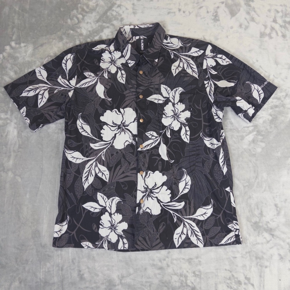 Billabong Button Down Shirt Mens XL Grey White Floral Aloha Fit Tropical Surf